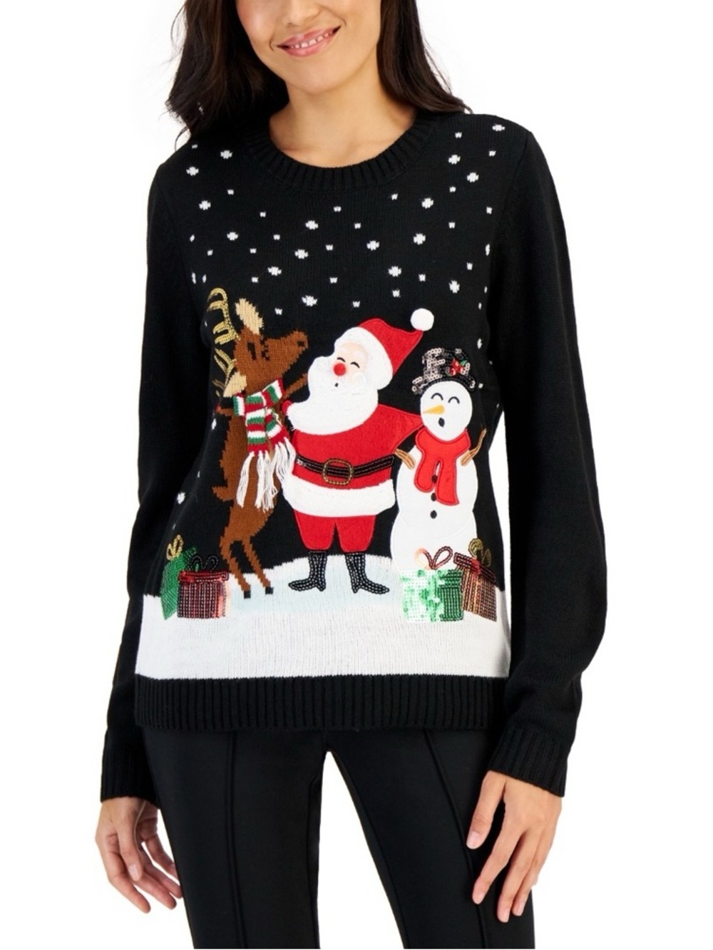 Karen Scott Santa Snowman Applique Christmas Whimsy Sweater Black Size 4X